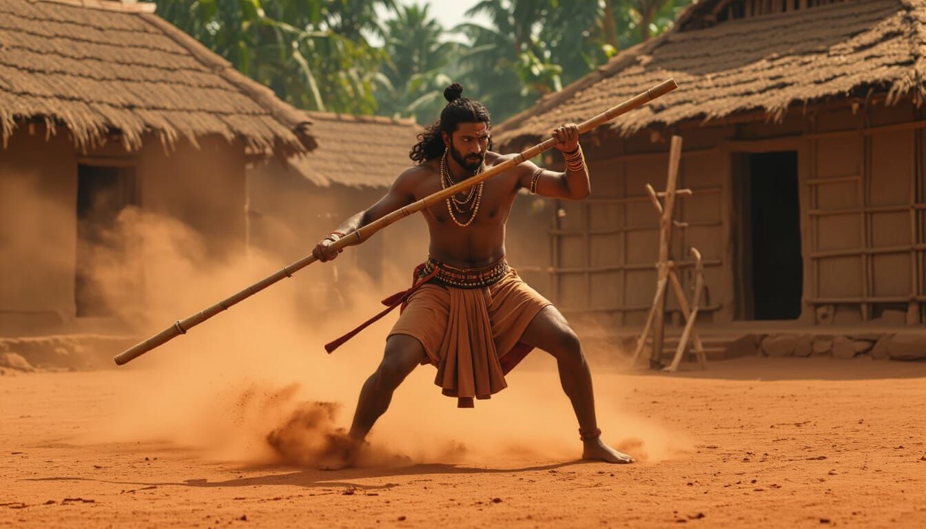 Tamil Warrior Practices Silambam in Ancient Village