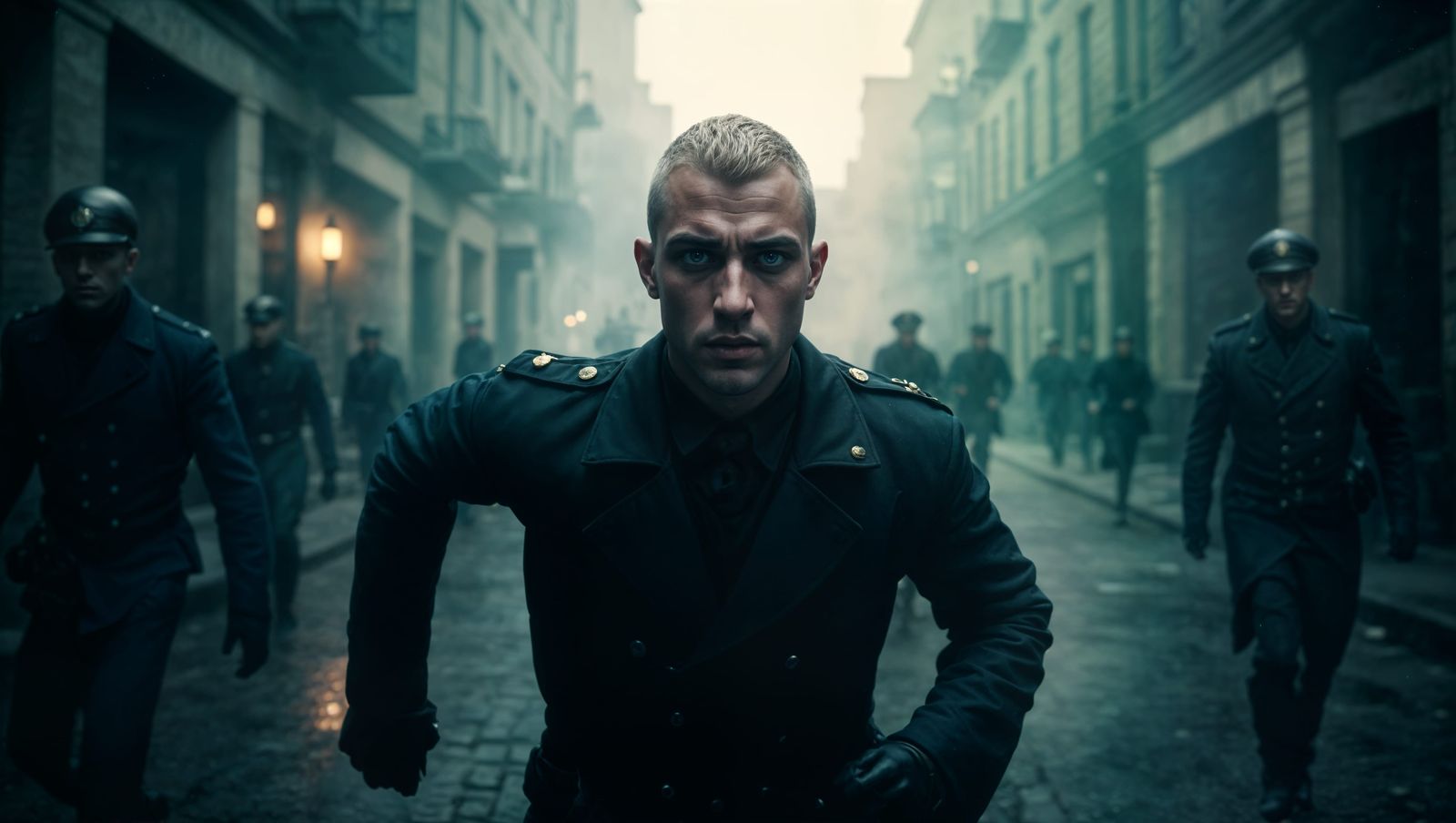 Steampunk Sailor Running from Mob in Horror Film