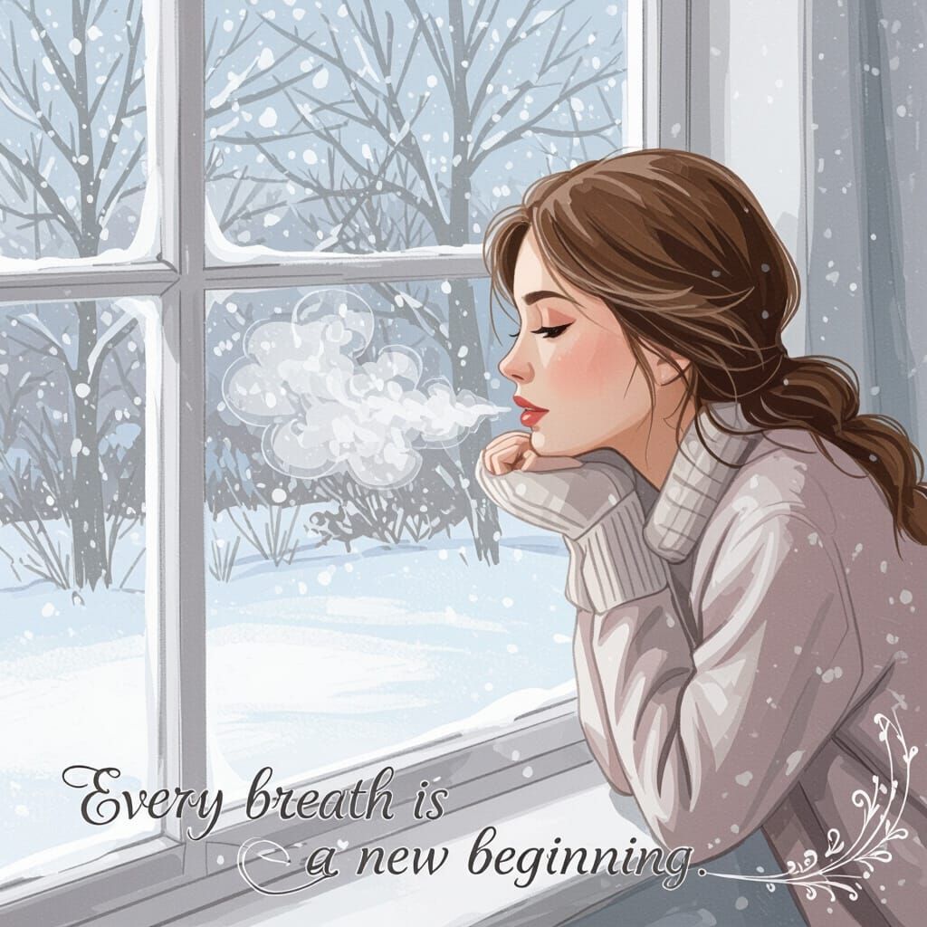 Woman's Breath on Winter Window - Modern Illustration