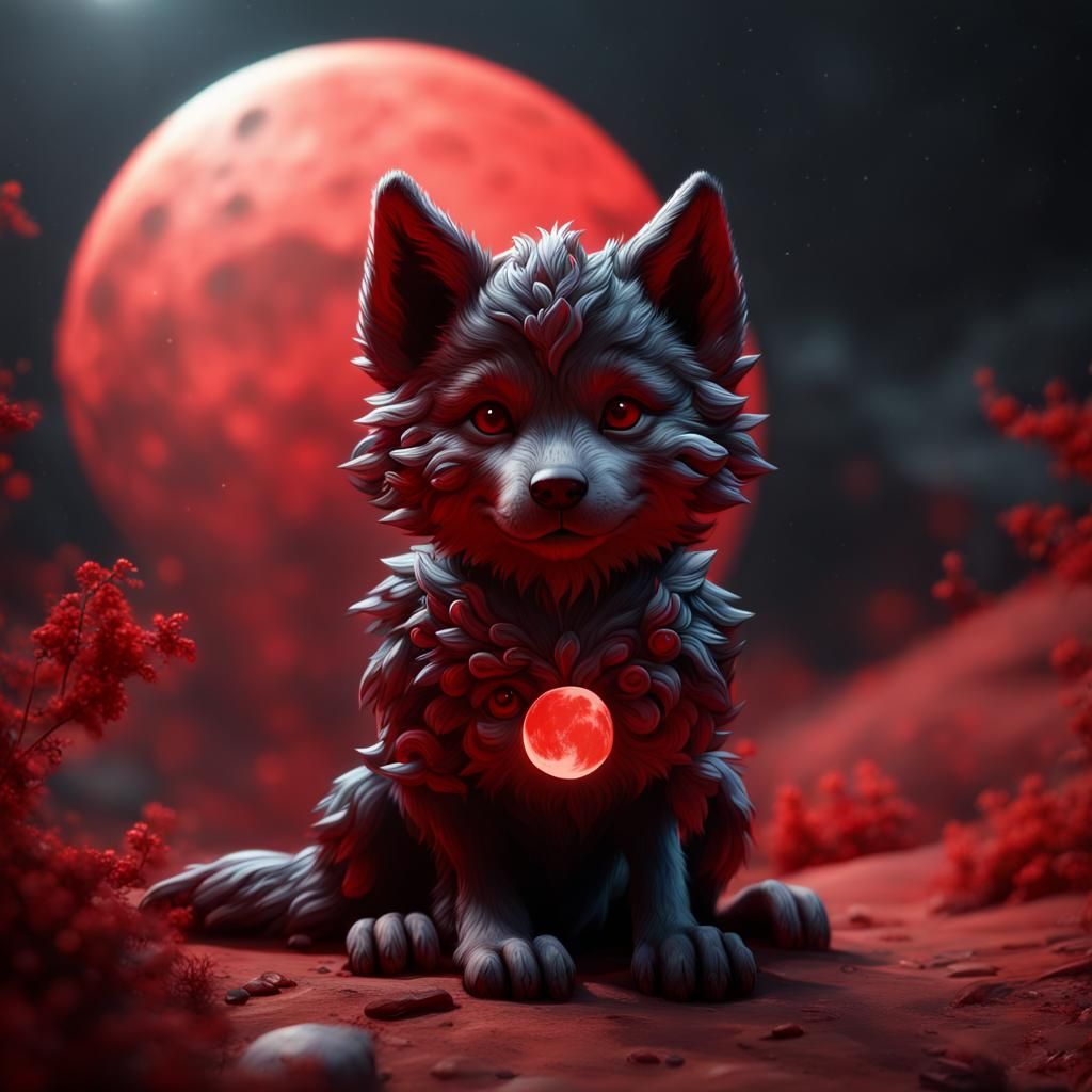 Red and Black Baby Wolf with Red Moon