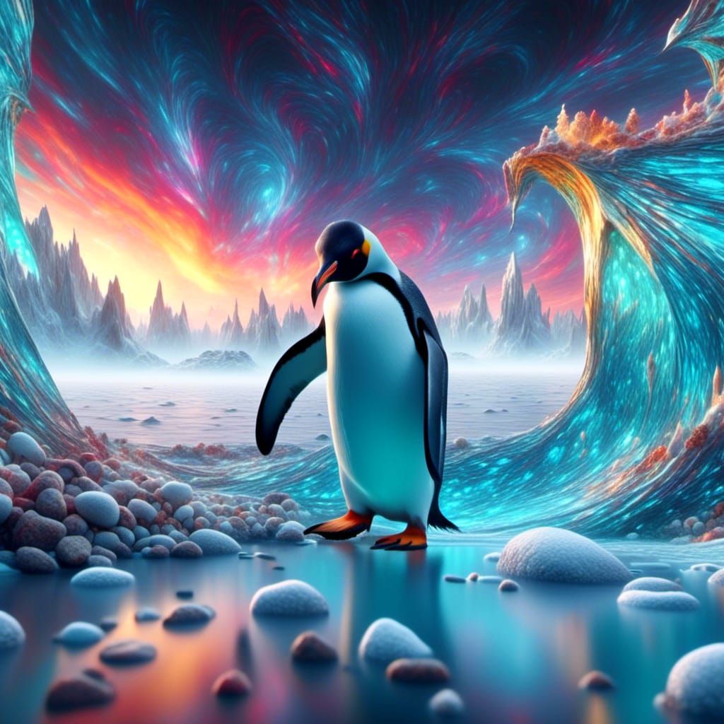 Stained Glass Penguin in Frozen Tundra