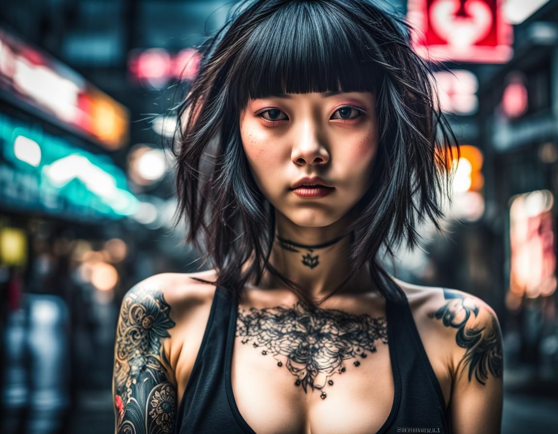 Hyperrealistic Japanese Girl with Tattoos in Japan