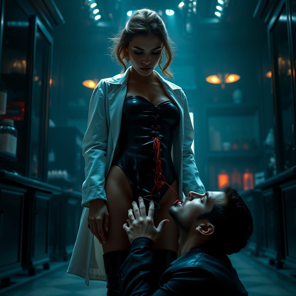 Stern Scientist in Opulent Lab: Hyperdetailed Portrait