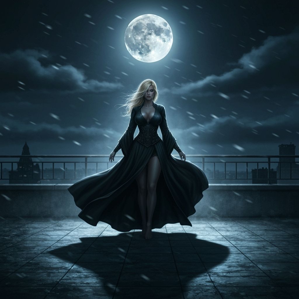 Woman on Windswept Rooftop Under Full Moon