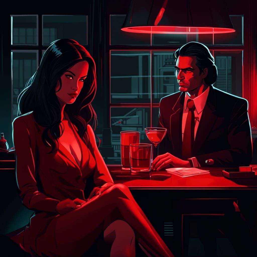 Noir Detective Office with Lady in Red Dress