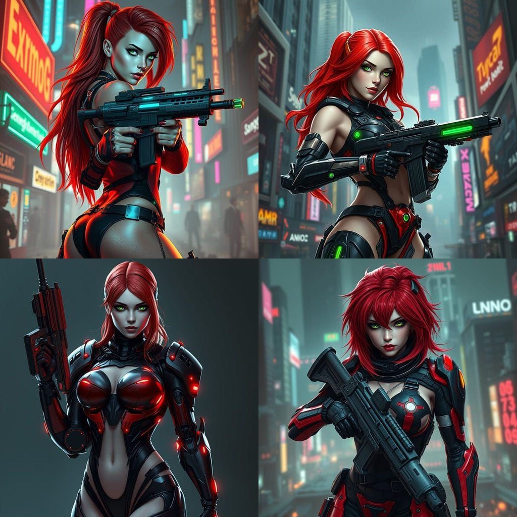 Cyberpunk Warrior Goddess with Red Hair and Black Armor