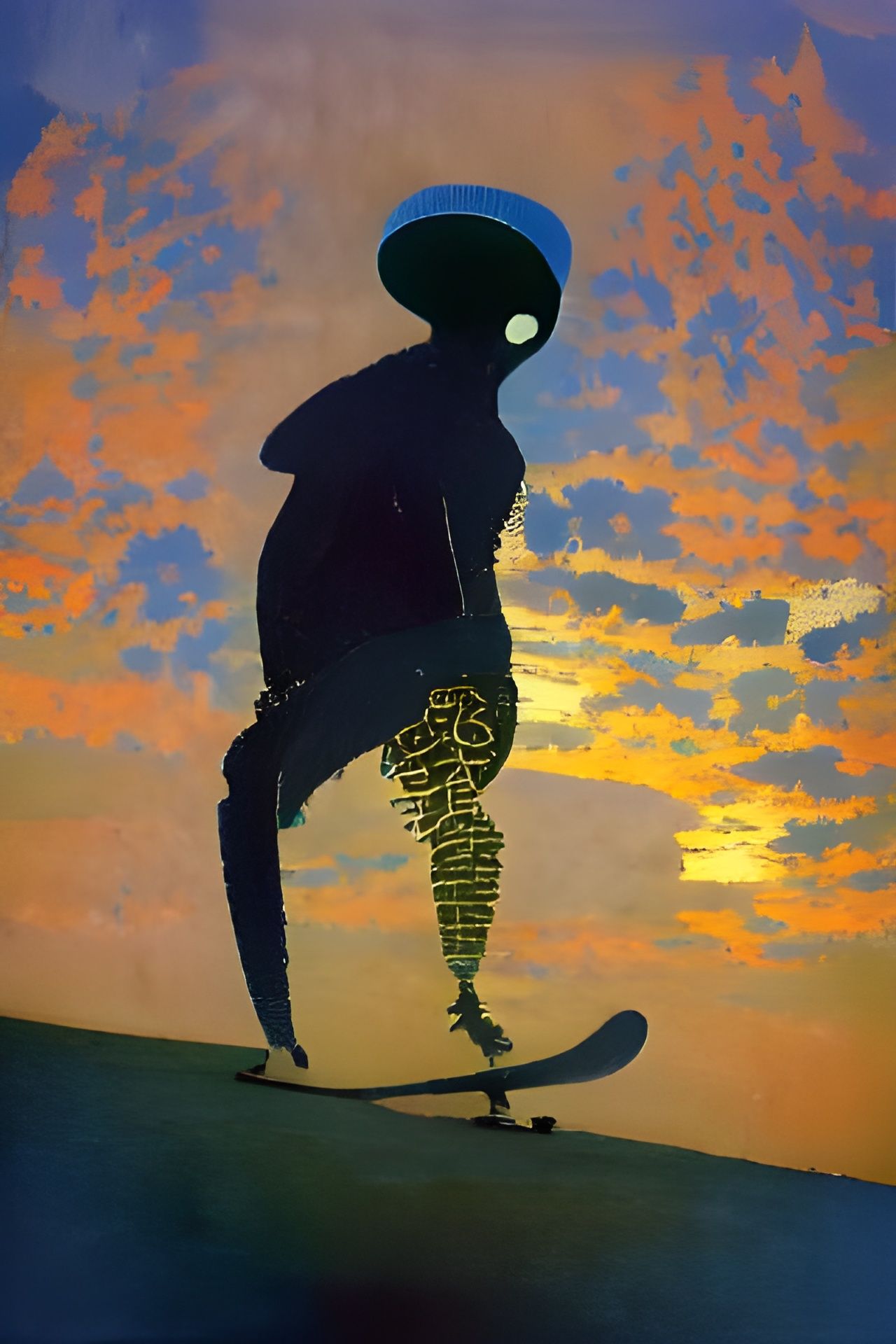 Sunset Skater Silhouette in Impasto Surrealism