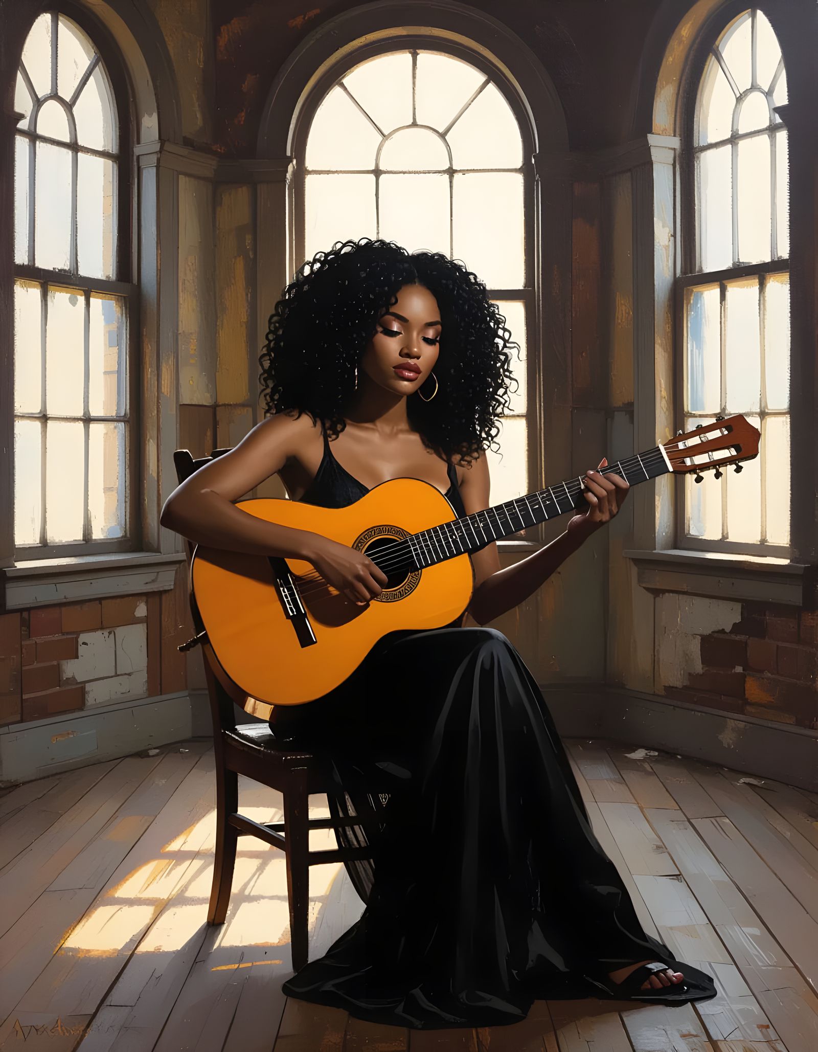 Sensual Portrait of a Black Woman Playing Guitar in Abandone...