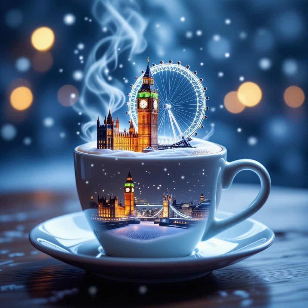 Miniature London Coffee Cup Scene Magical Winter Realism