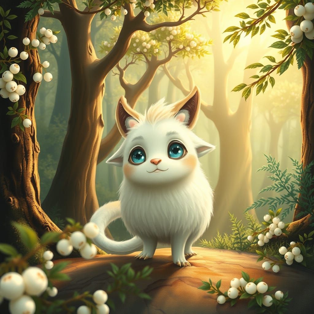 Mythical Forest Creature in Vibrant Whites and Golds