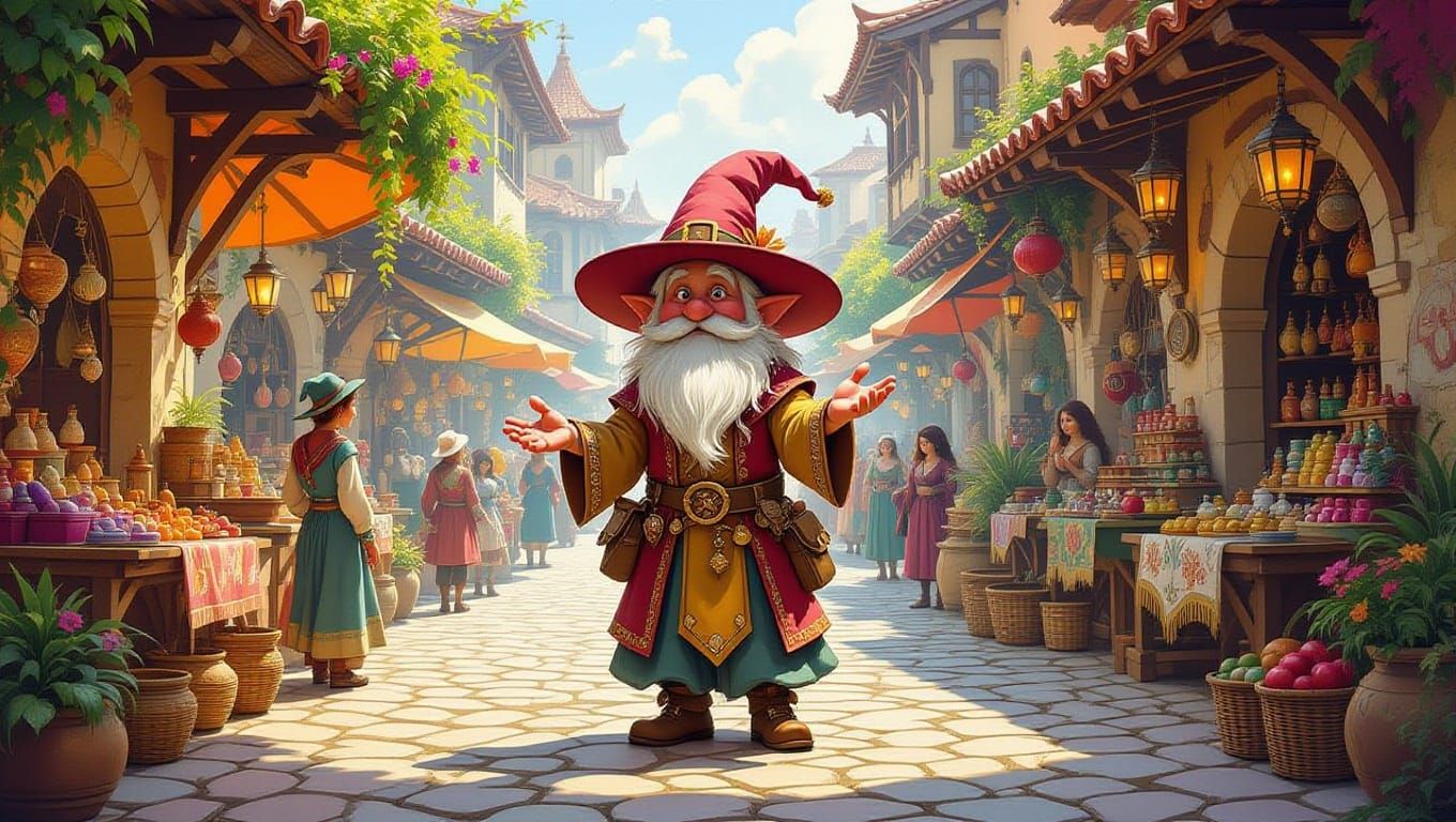 Fantasy Villager in Vibrant Market Scene, in Whimsical Water...