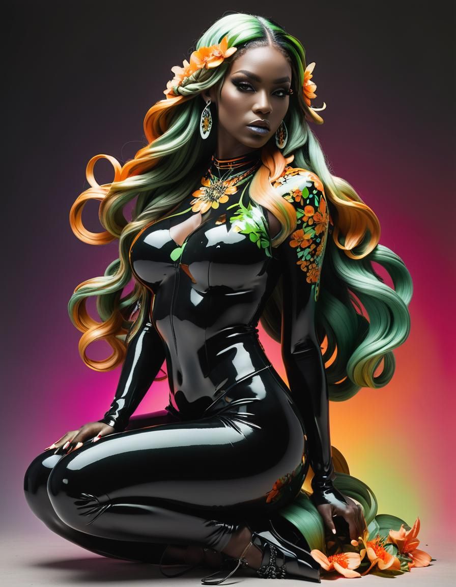 Fashion Model in Floral Field: Graffiti Art Style