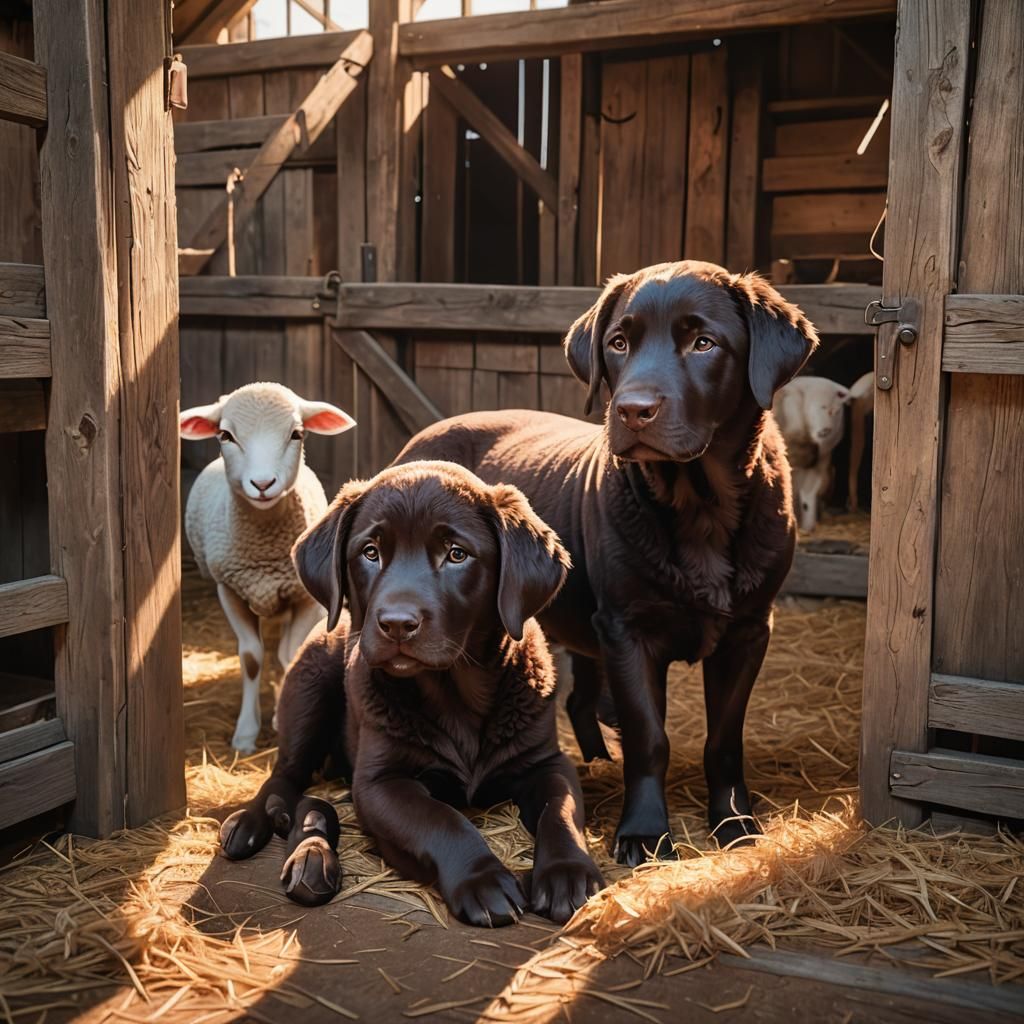 Chocolate Lab and Lamb in Barn: 3D Anime Art