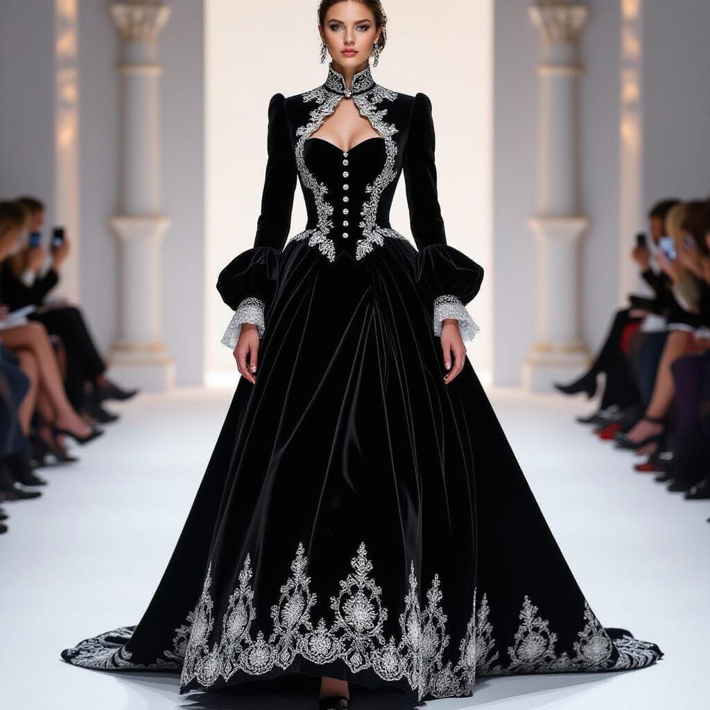 Elegant Victorian Black Dress with Silver Embroidery
