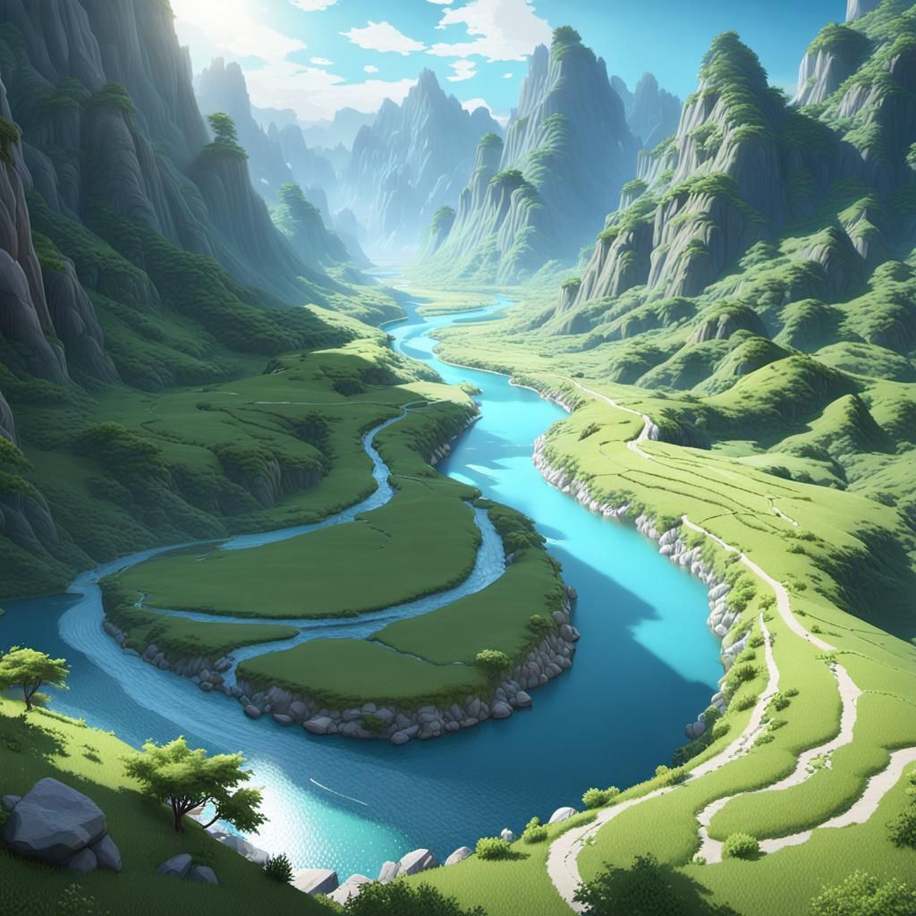 Serene River Landscape in 3D Anime Style