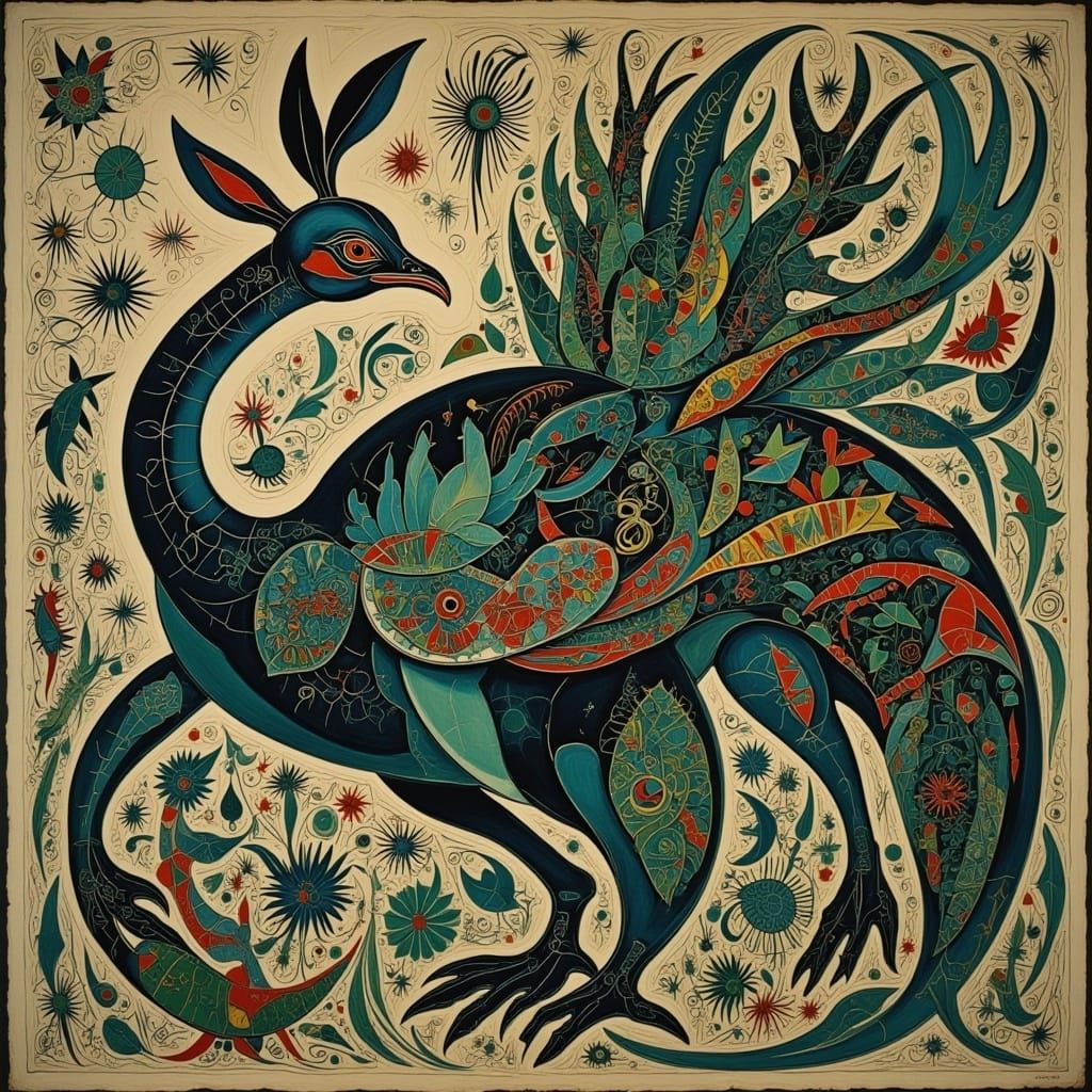 Iridescent Peacock in Art Nouveau Style