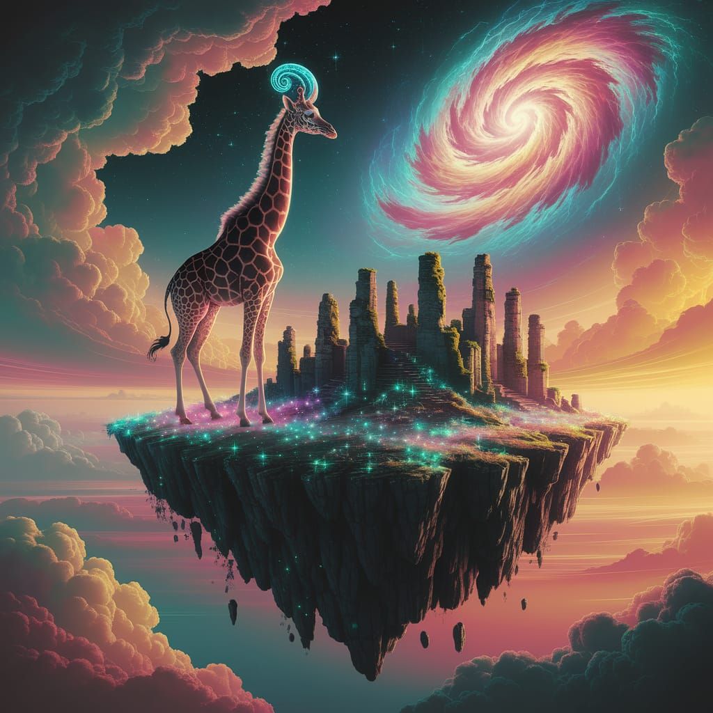 Giraffe with Crystal Horn Gazes at Nebula on Floating Island
