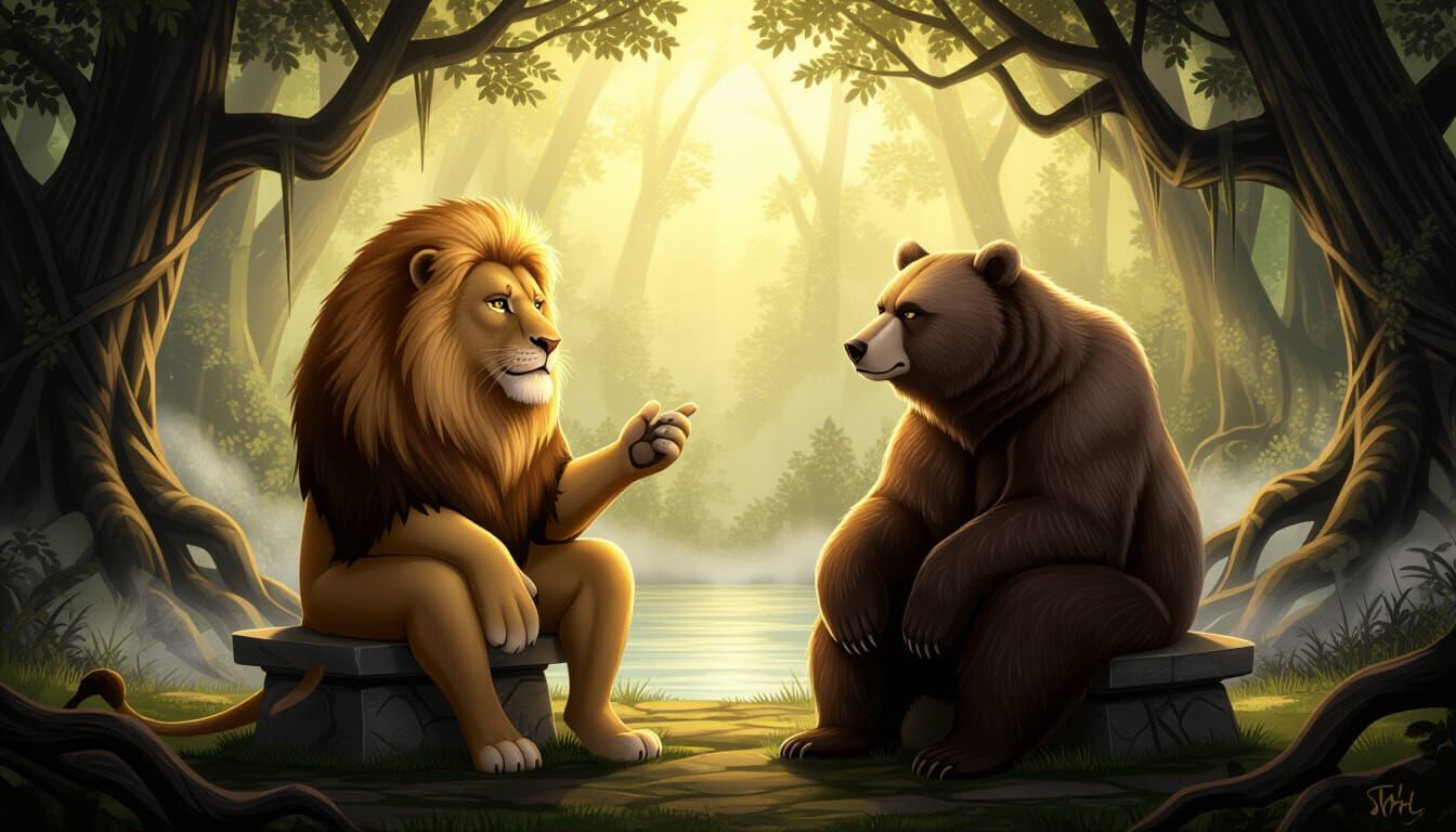 Lion and Bear Converse in Mystical Forest Clearing