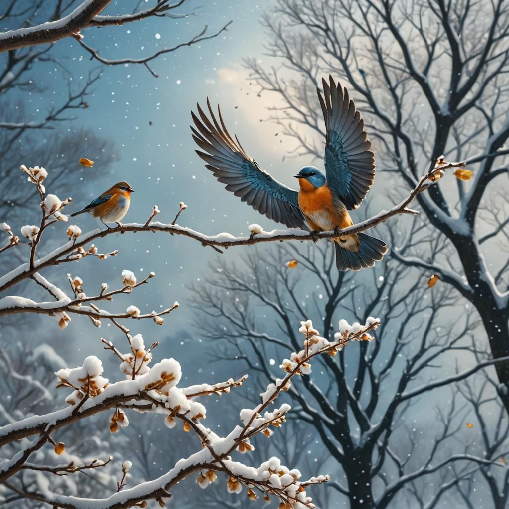 Little Bird's Snowy Farewell: An 8K Matte Painting