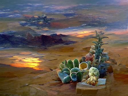 Desert Cacti Sunset in Oil Painting Style
