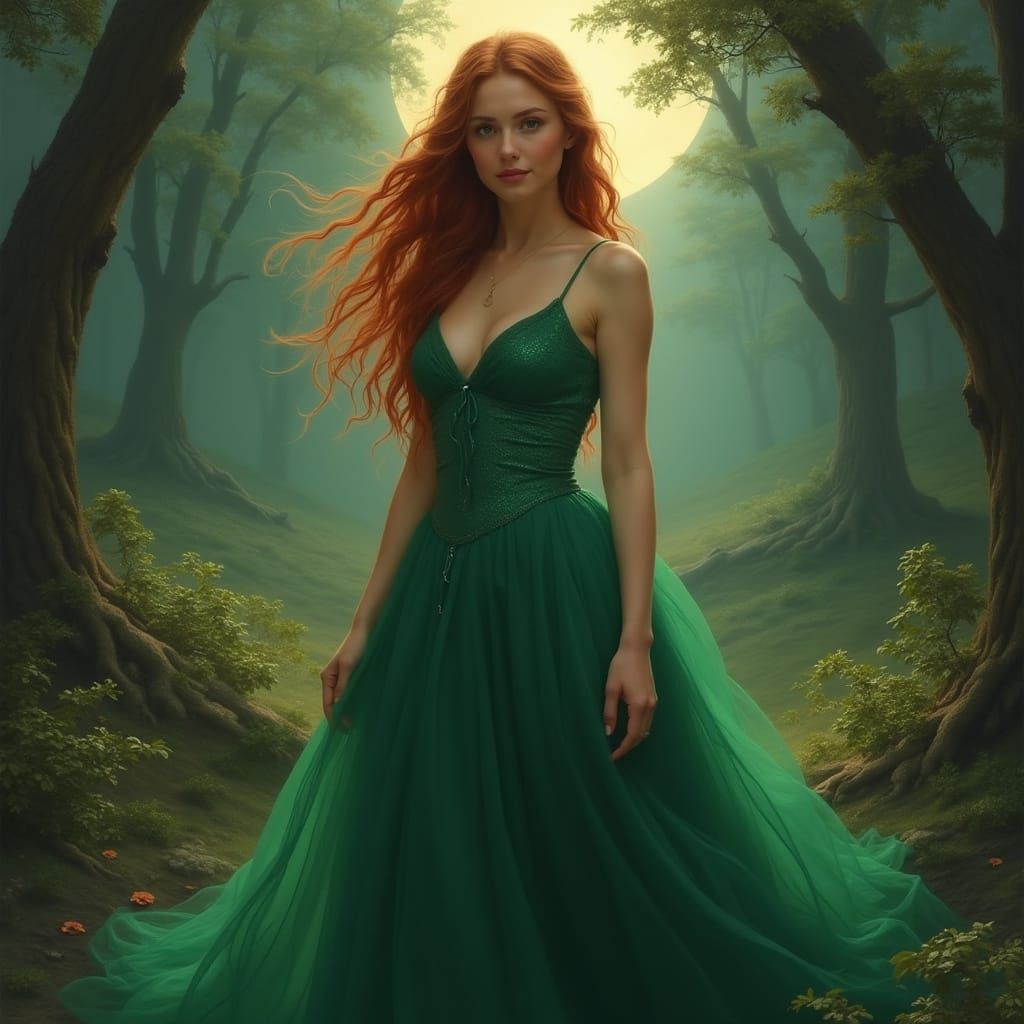 Woman in Emerald Gown in Moonlit Mystical Forest