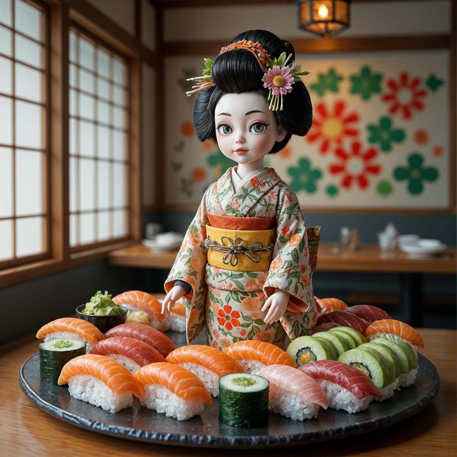 Hyperrealistic Sushi Art with Japanese Doll