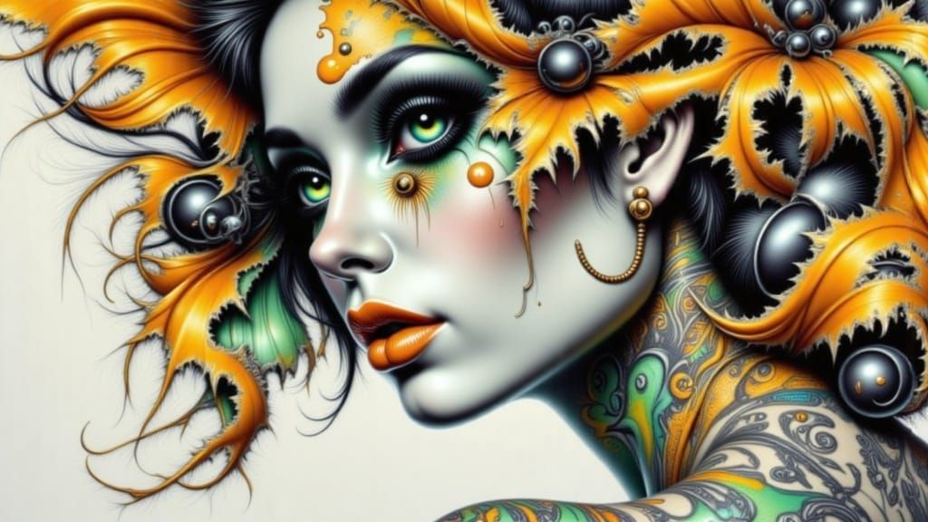 Elegant Lady with Intricate Tattoos in Ralph Steadman Style