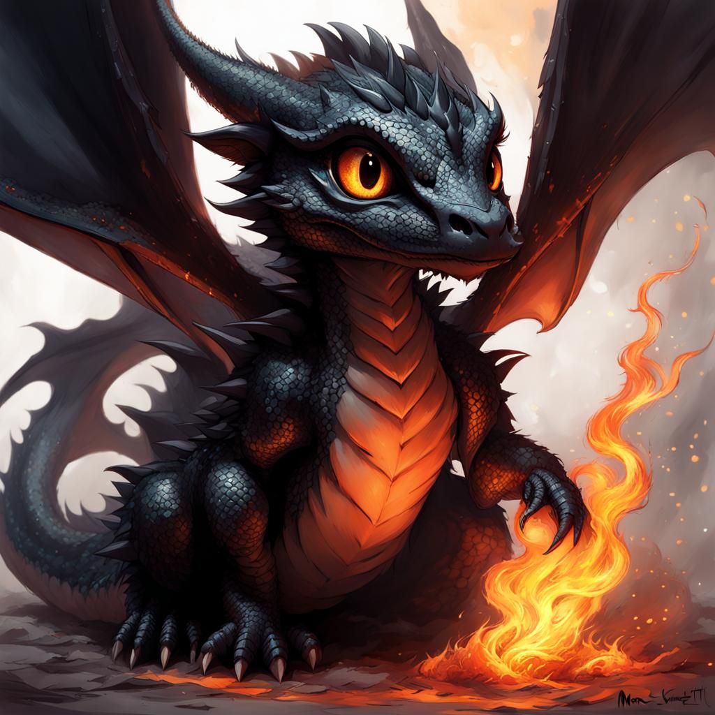 Cute Chibi Dragon with Fire, Digital Art