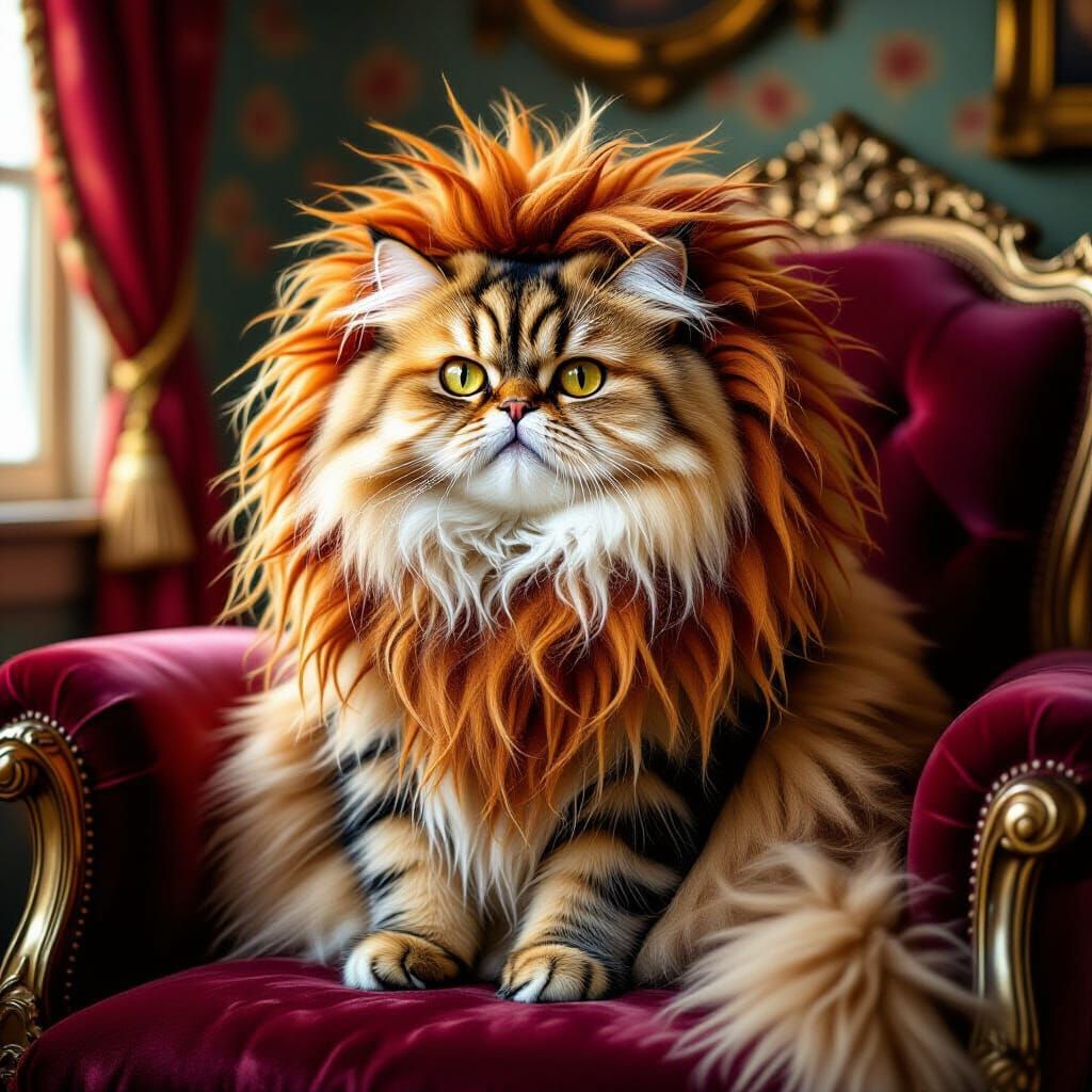 Persian Cat in Lion Mane Costume Sits Regally