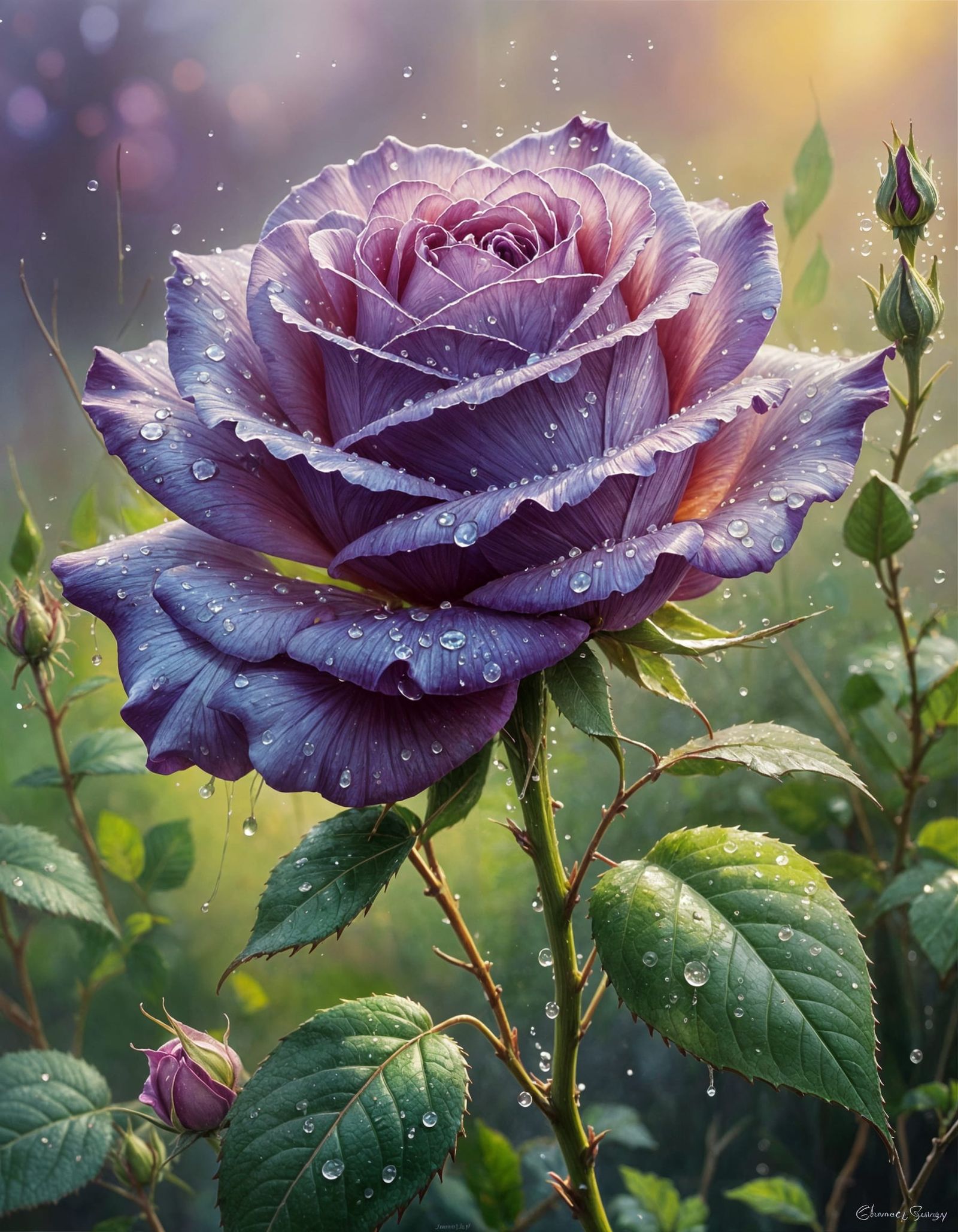 Vibrant Purple Rose in Morning Dew, James Gurney Style Oil P...