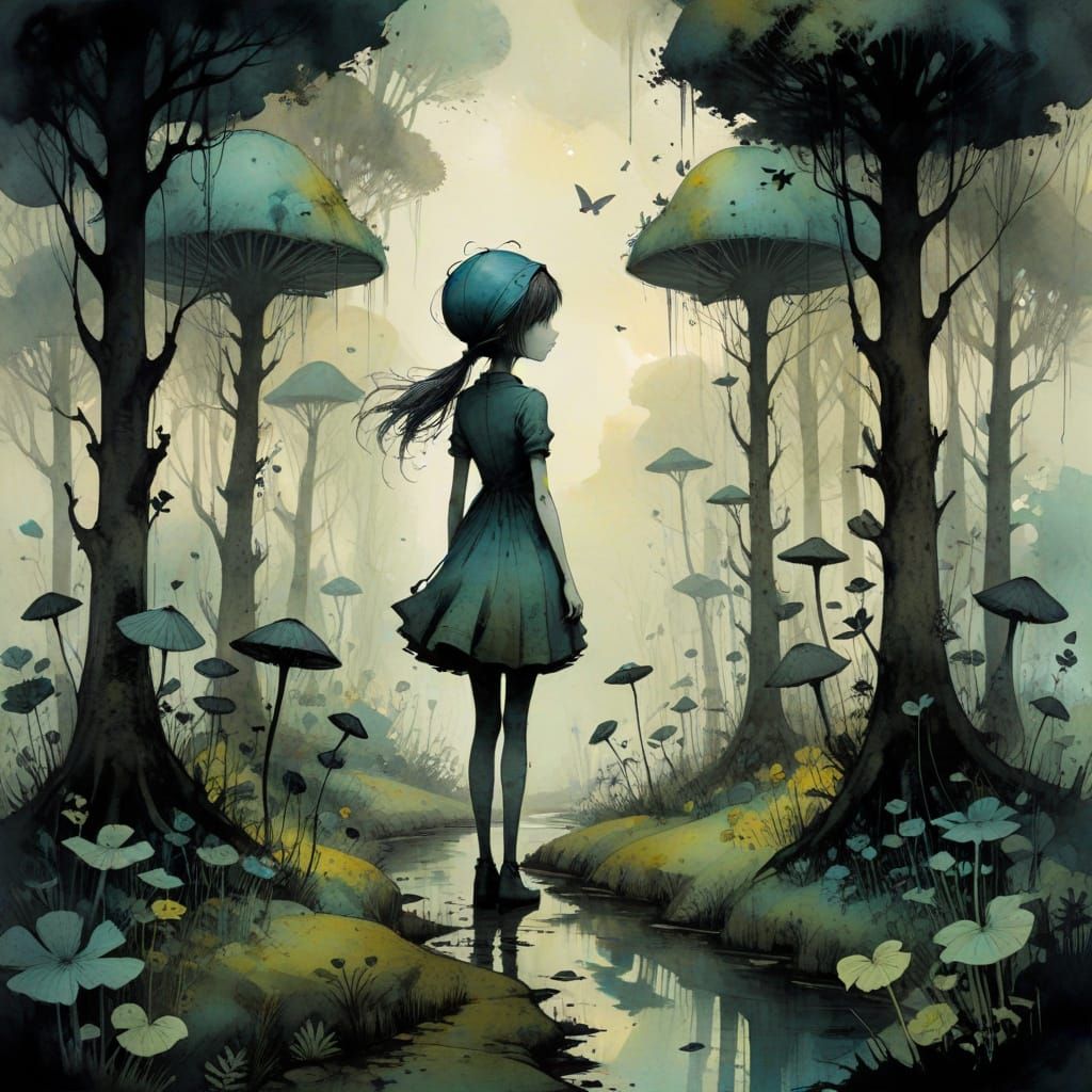 Girl Wanders in Surreal Shadow Garden