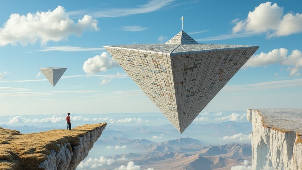 Inverted Floating Pyramid in Escher-Inspired Surreal Landsca...