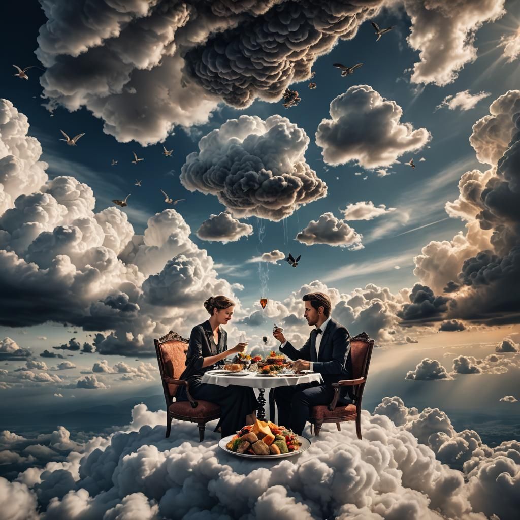 Couple's Cloud Dinner in Hyperrealistic Style