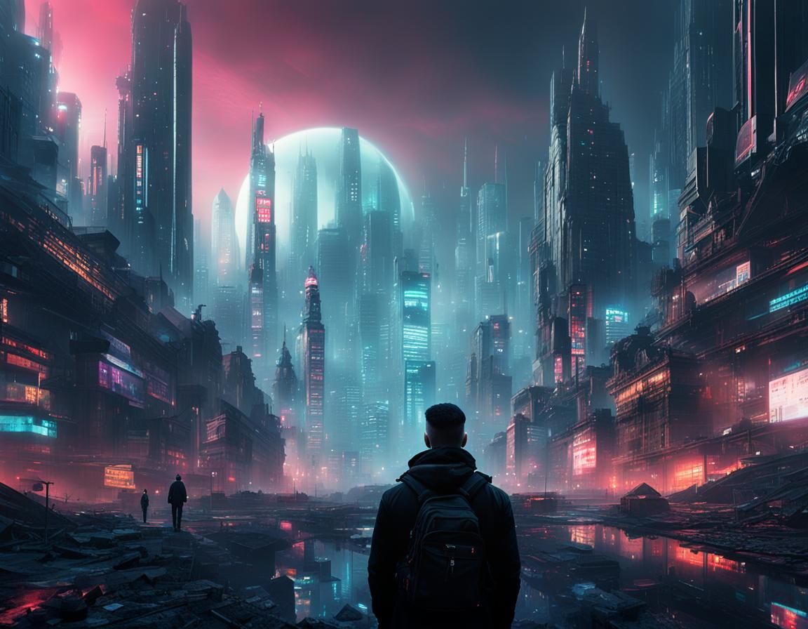 Bleak Cyberpunk City with Double Exposure Effect