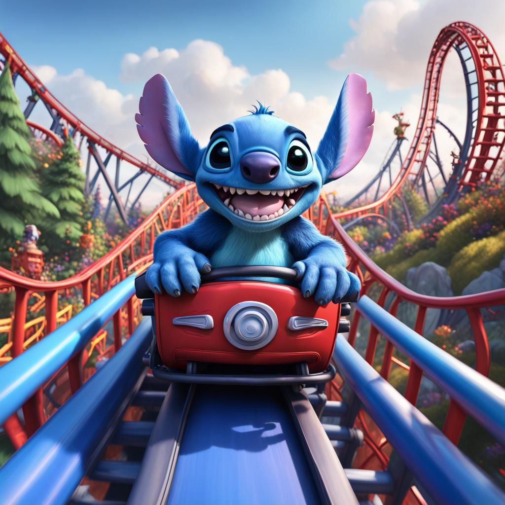Little crazy funny stich riding roller coaster in a gothic park