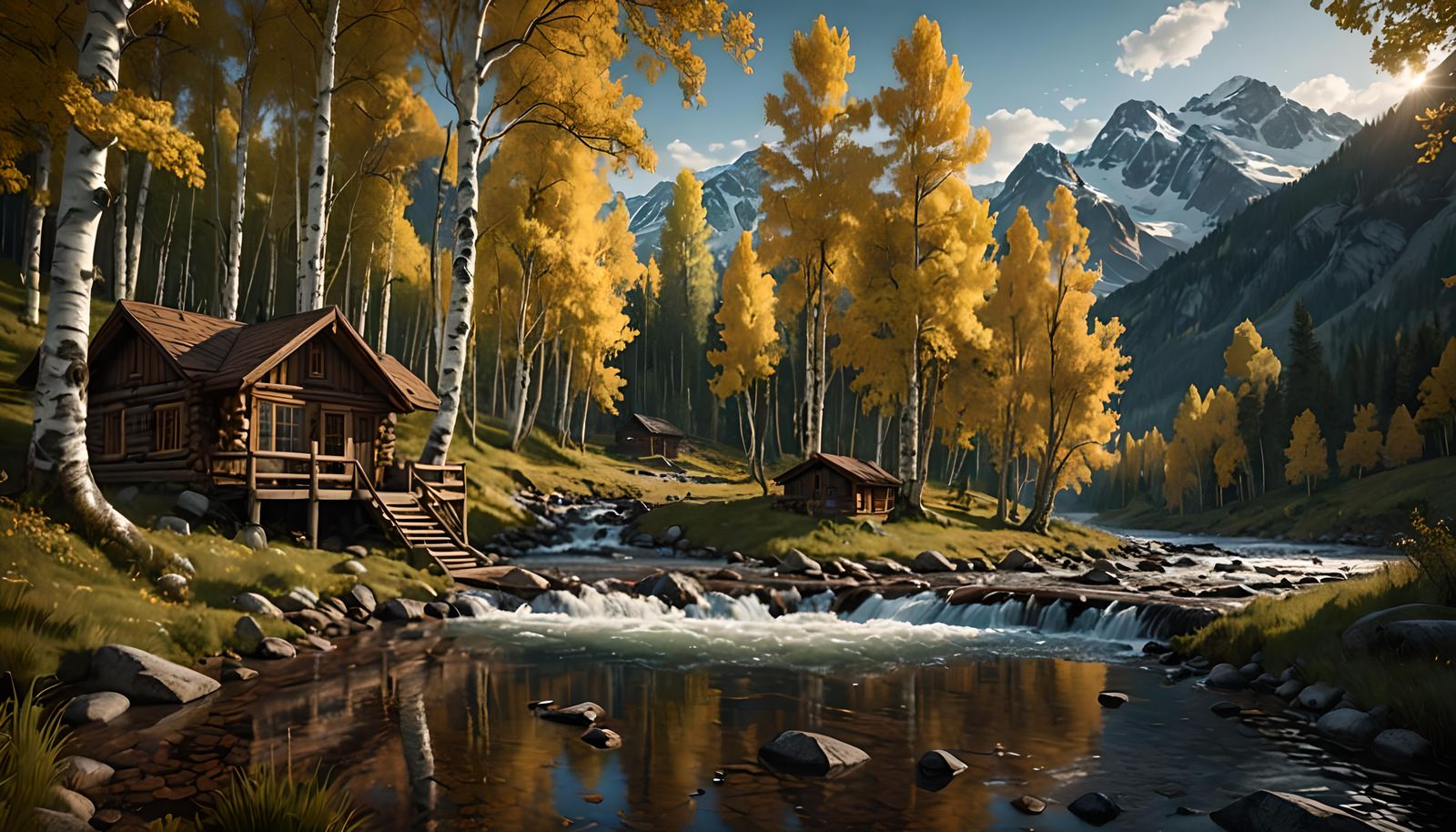 Cozy Cabin in Birch Forest Landscape