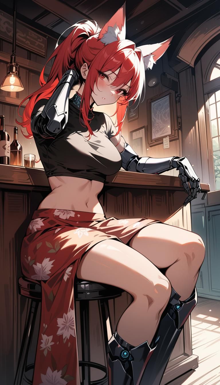 Catgirl in Tavern: Digital Illustration in Manga Style