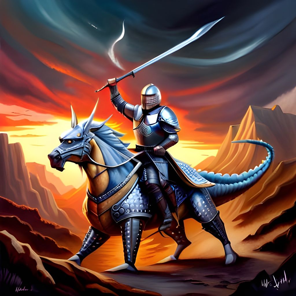 Armored Knight Astride Dragon: Detailed Fantasy Art