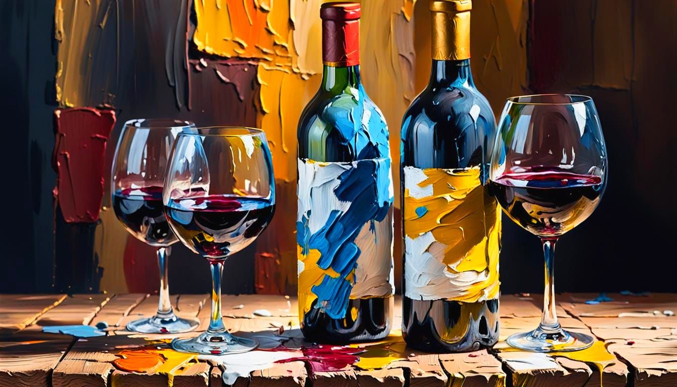 Wine Bottle and Glasses as Impasto Painting