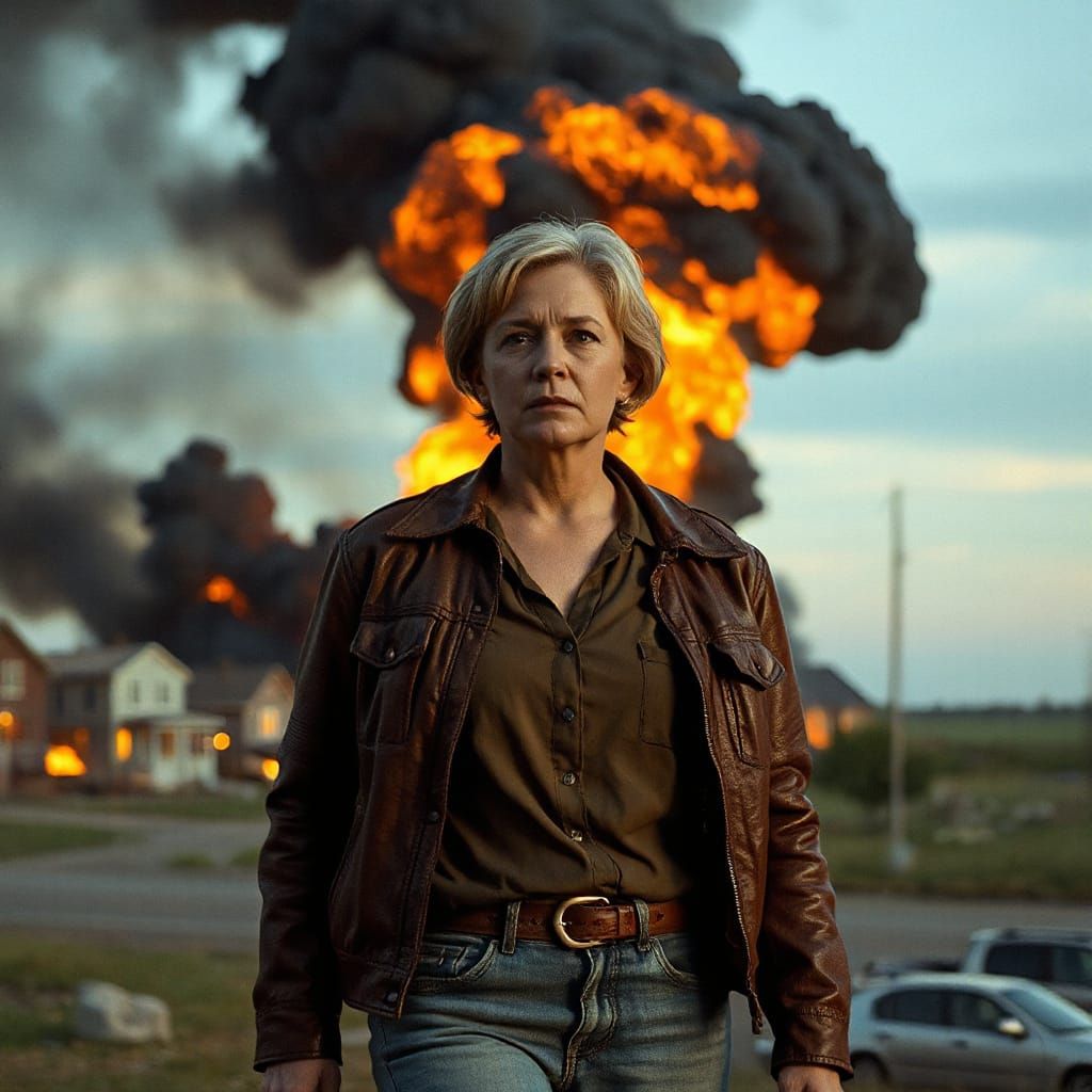 Defiant Woman Amidst Midwest Inferno