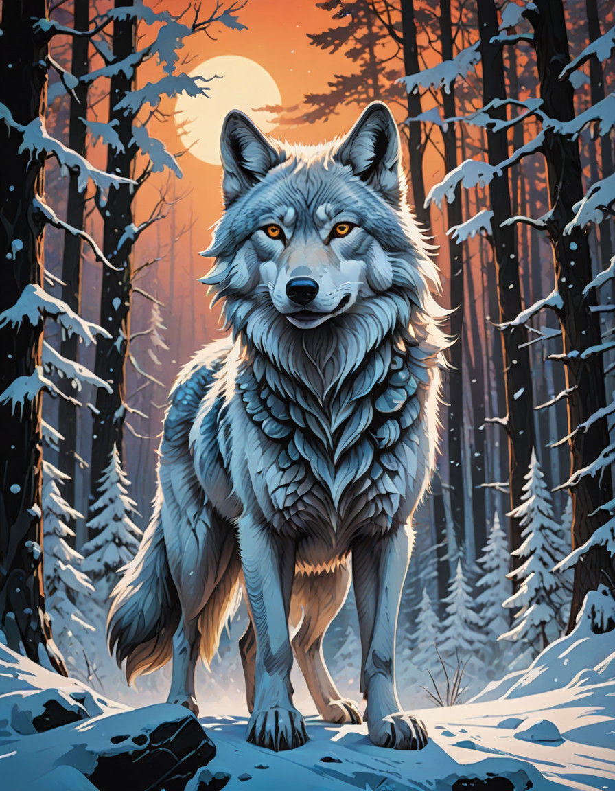 Spirit Wolf in Tundra Forest, Oil Graphics, Pro-Artist Finis...