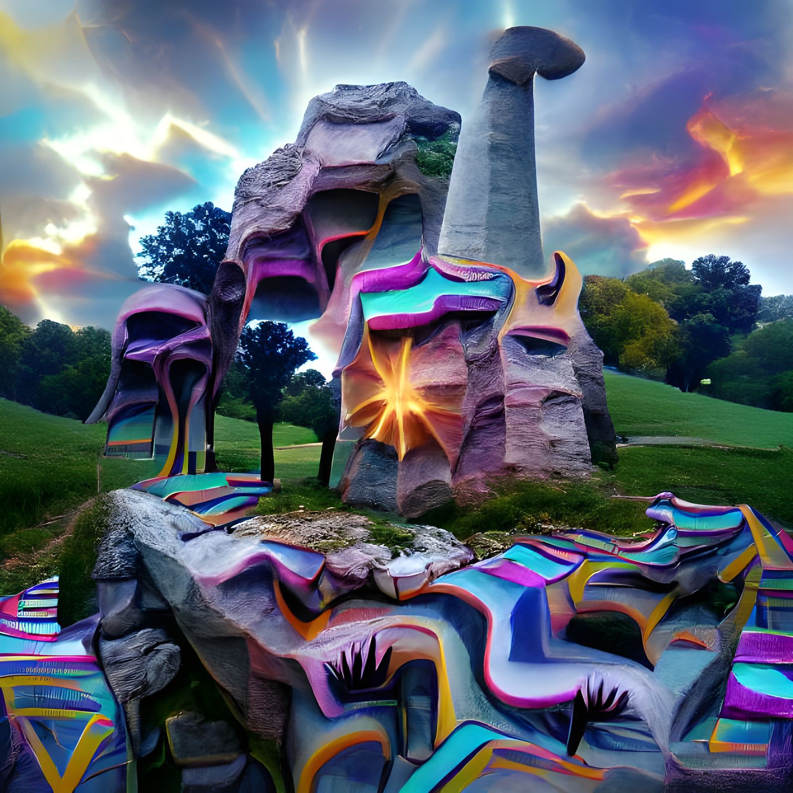 Psychedelic Rock Monument in Fantasy Forest Landscape