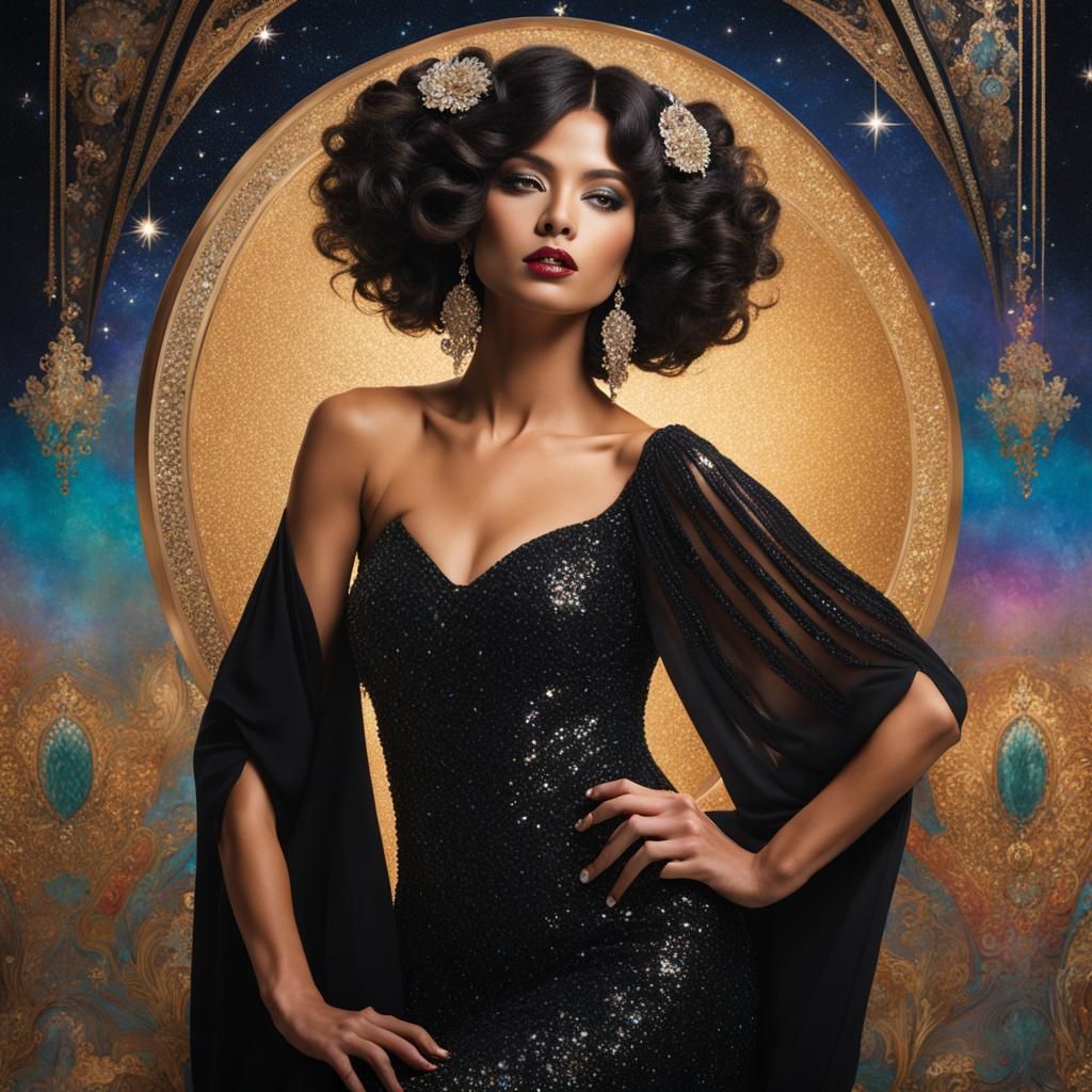 Sparkling Gown: Hispanic Woman in Maximalist Fashion