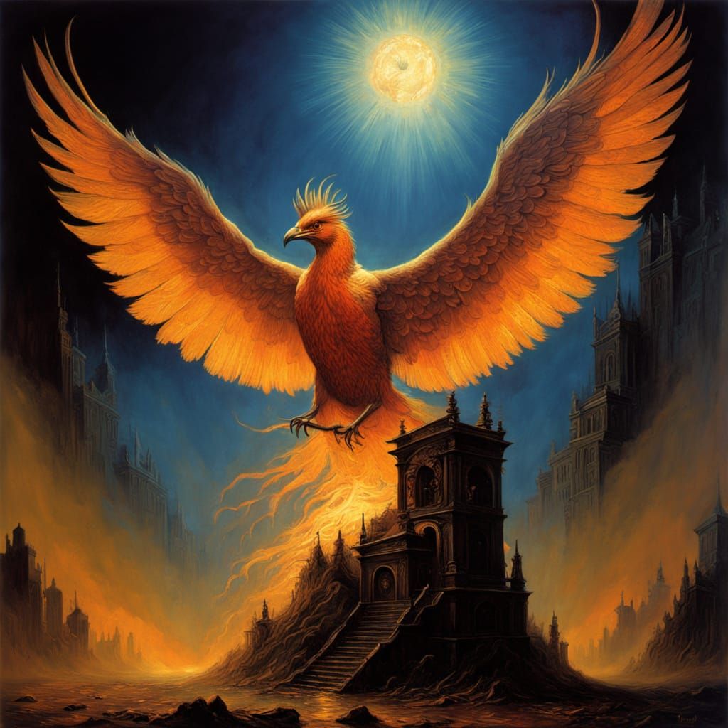 Phoenix Rises from Baroque Clock in Oil Painting Style