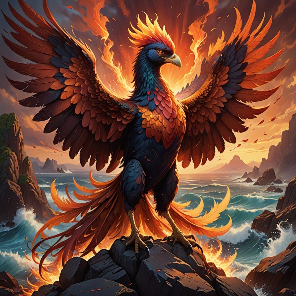 Majestic Phoenix soars above turbulent sea in fiery glory