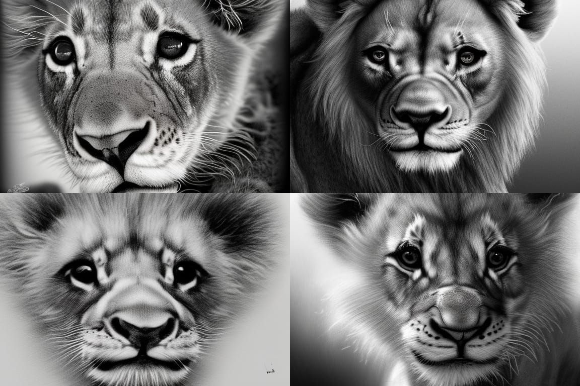 Black and white pencil sketch Little Lion Cub