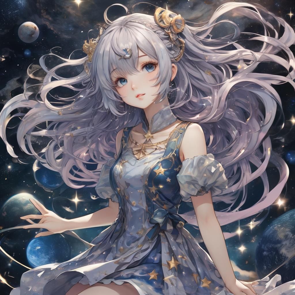 Galaxy Girl with Flowing Hair in Anime Art Style