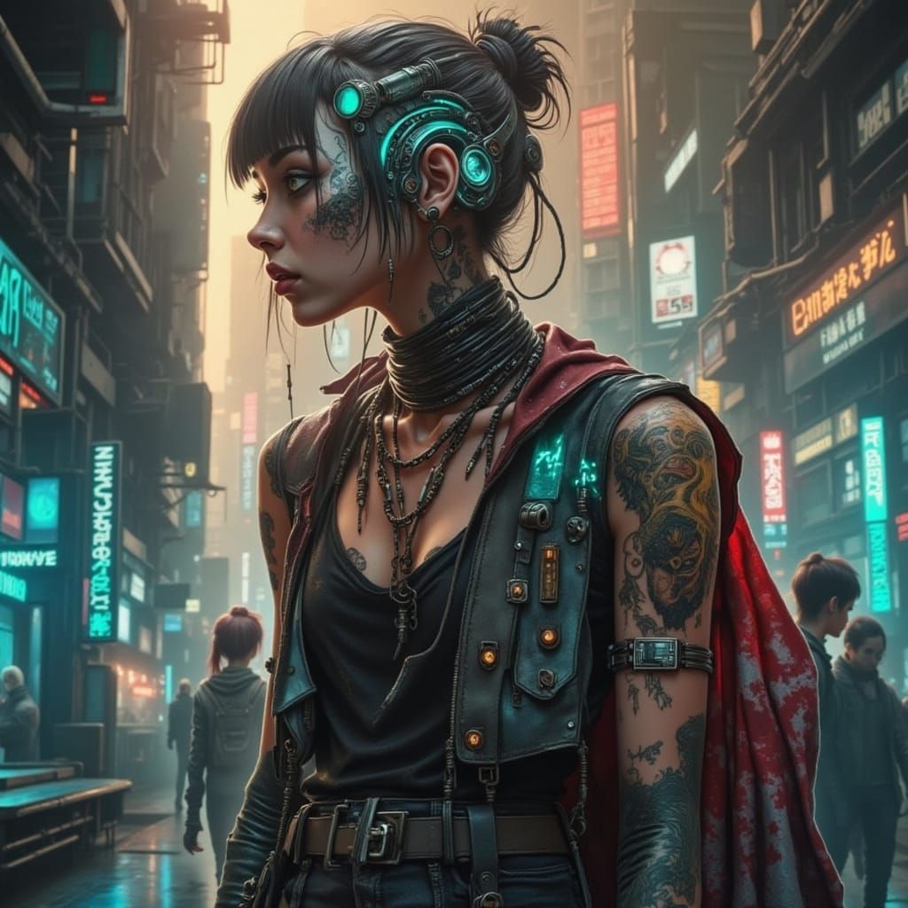 Cyberpunk Woman with LED Tattoos in Profile