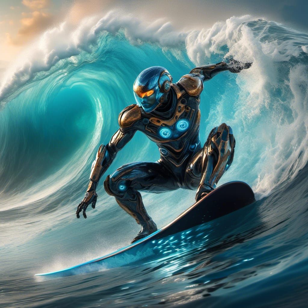 Robot Surfer Rides Wave in Detailed Fantasy Art