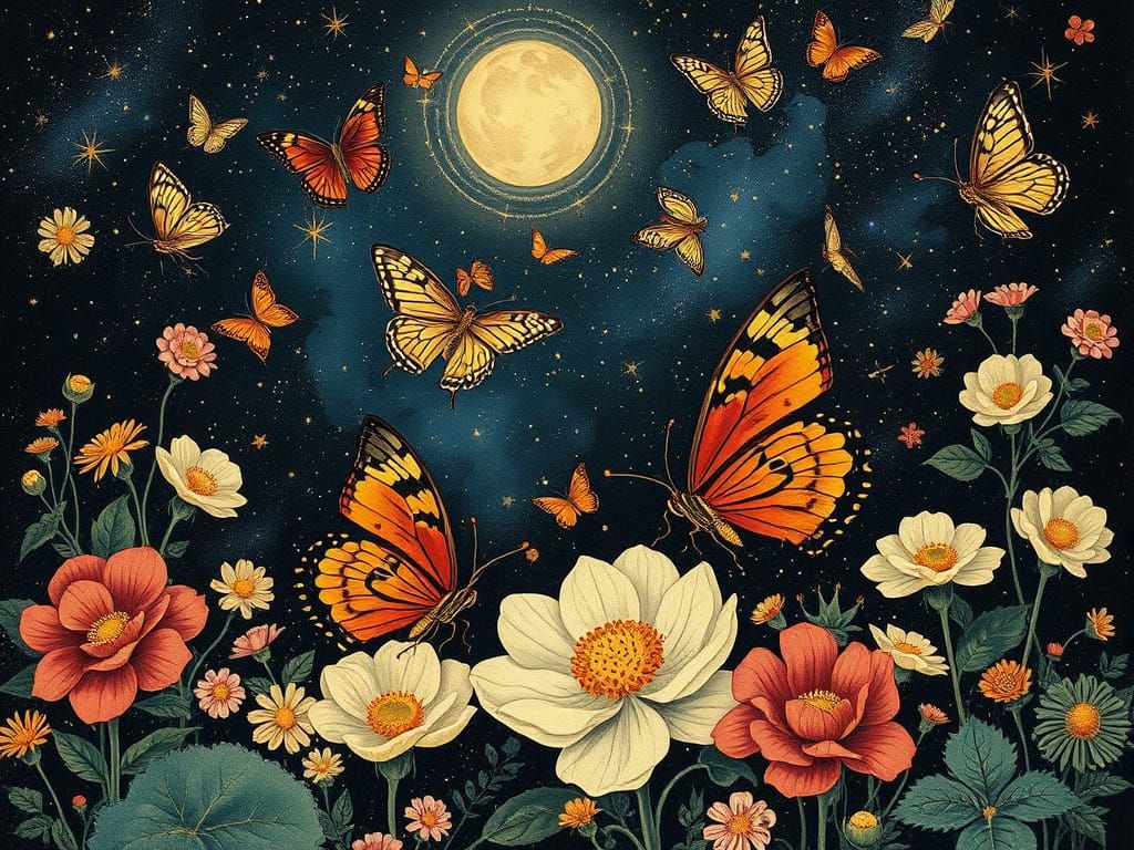 Cosmic Butterflies in Elegant Floral Landscapes